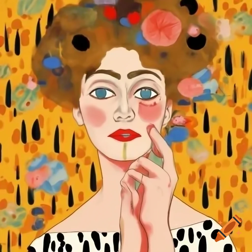 Colorful vintage portrait of woman laughing with grimace, inspired by classical artists