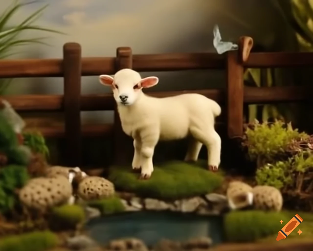 Miniature sheep beside tiny farm and lake with butterflies in detailed diorama