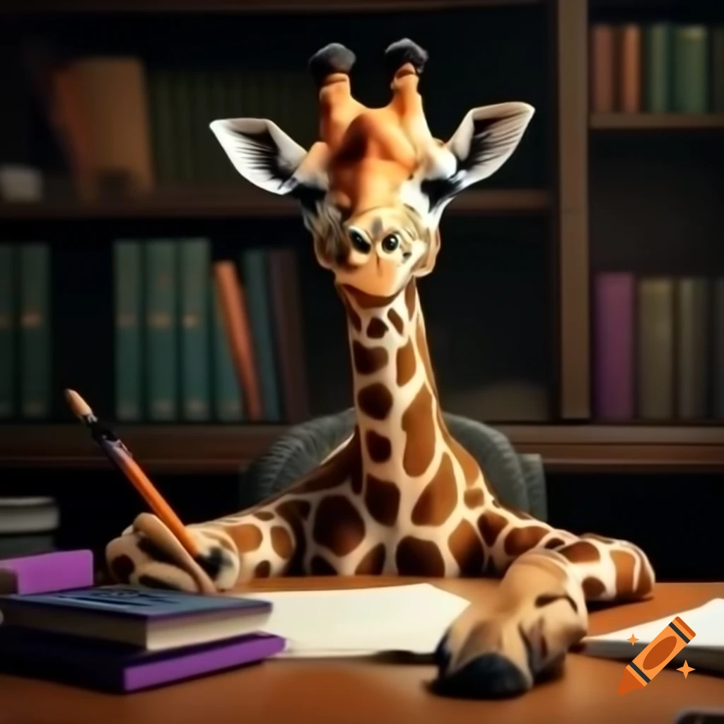 Giraffe at desk with pencil, clipboard, and purple books