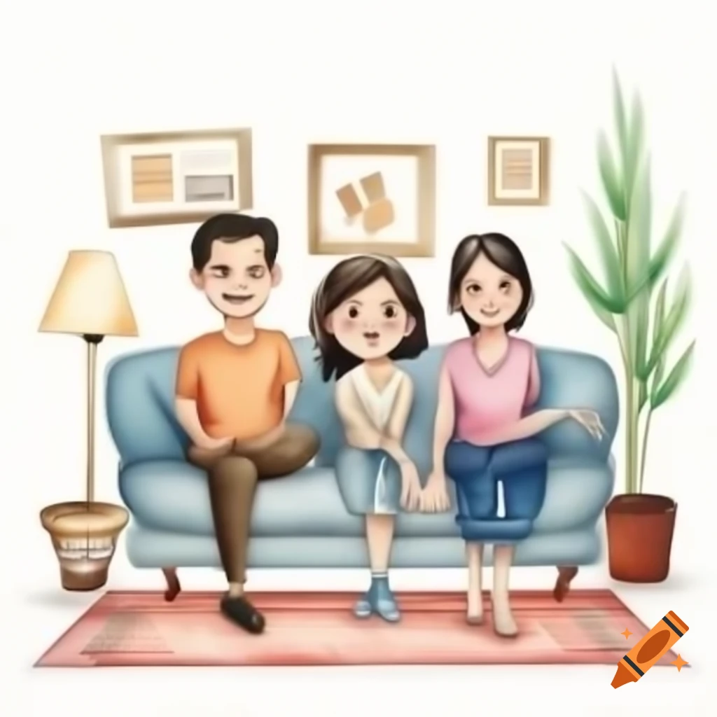 Family gathering in living room, smiling and happy