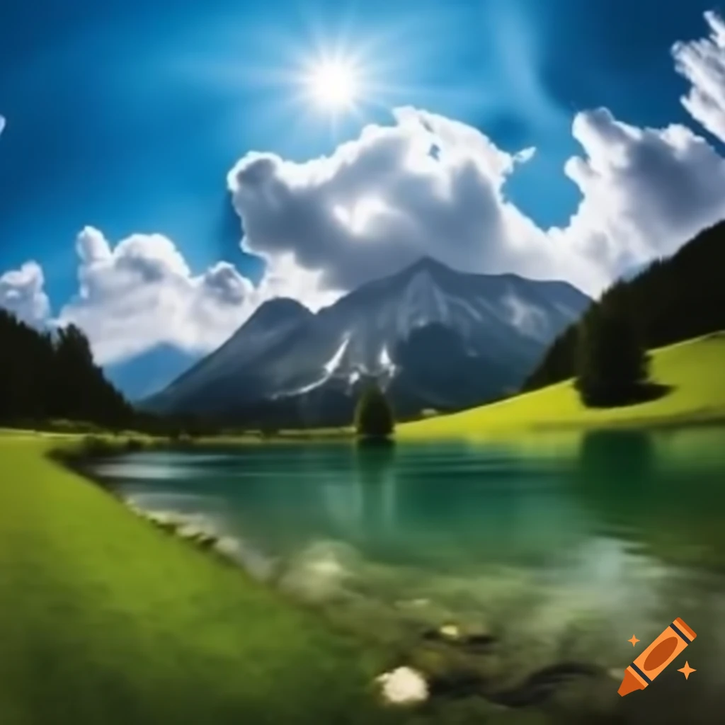 Mountains in Austria with sunshine, water, green meadow, and clouds