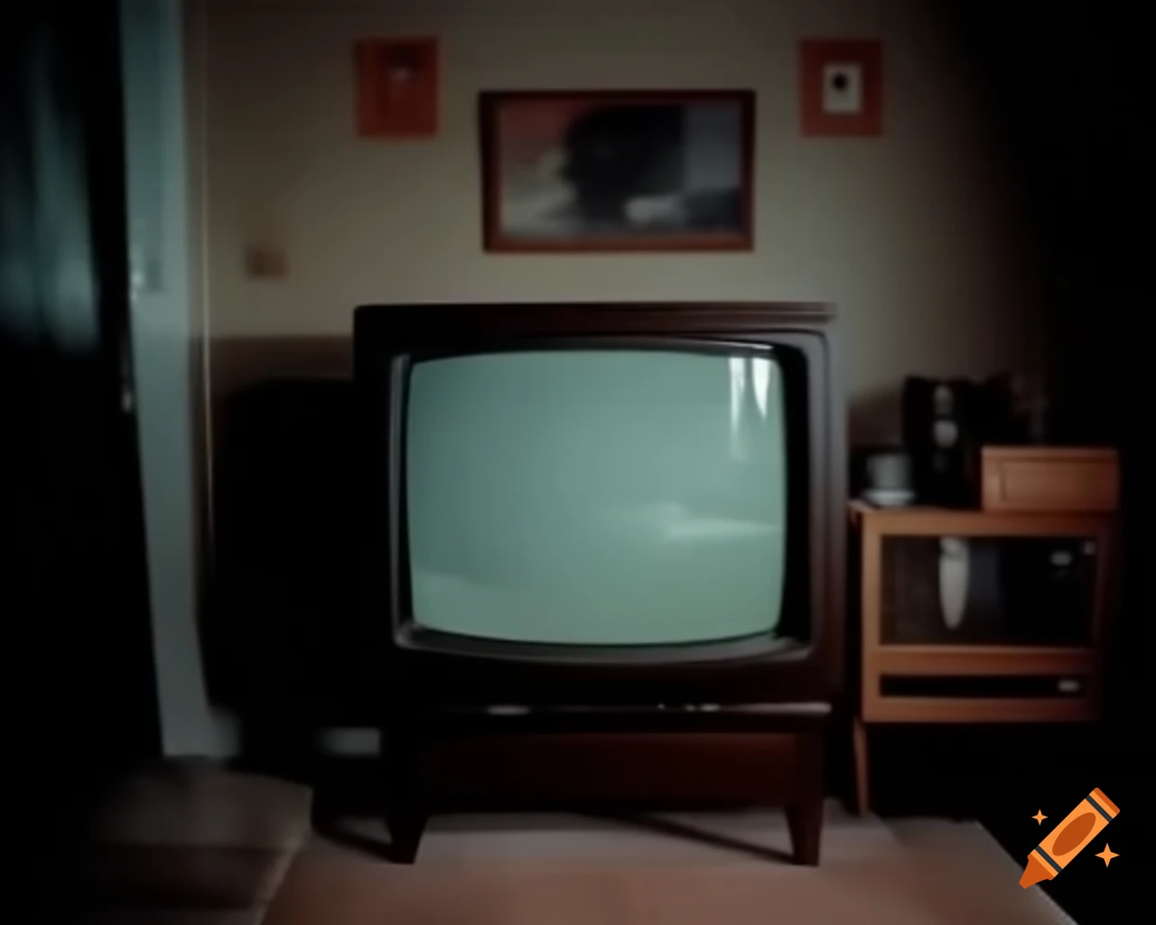 Eerie dark television in 1980s living room setting