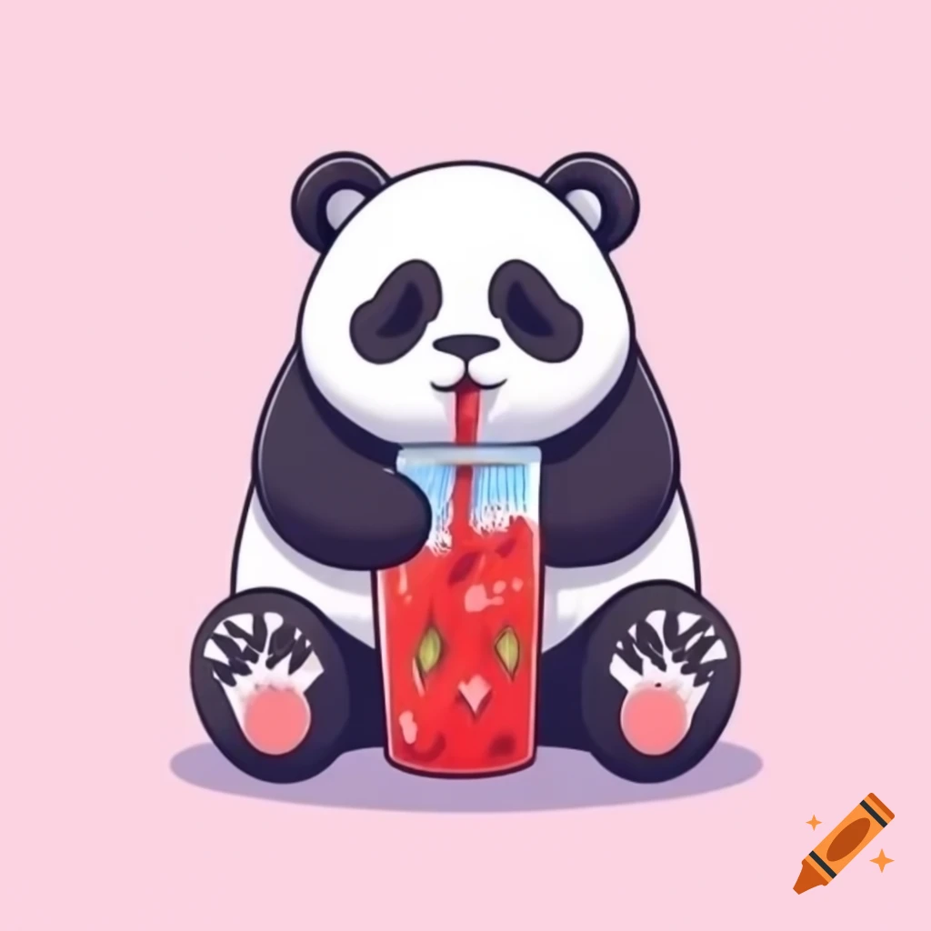 Cartoon panda bear enjoying a strawberry drink