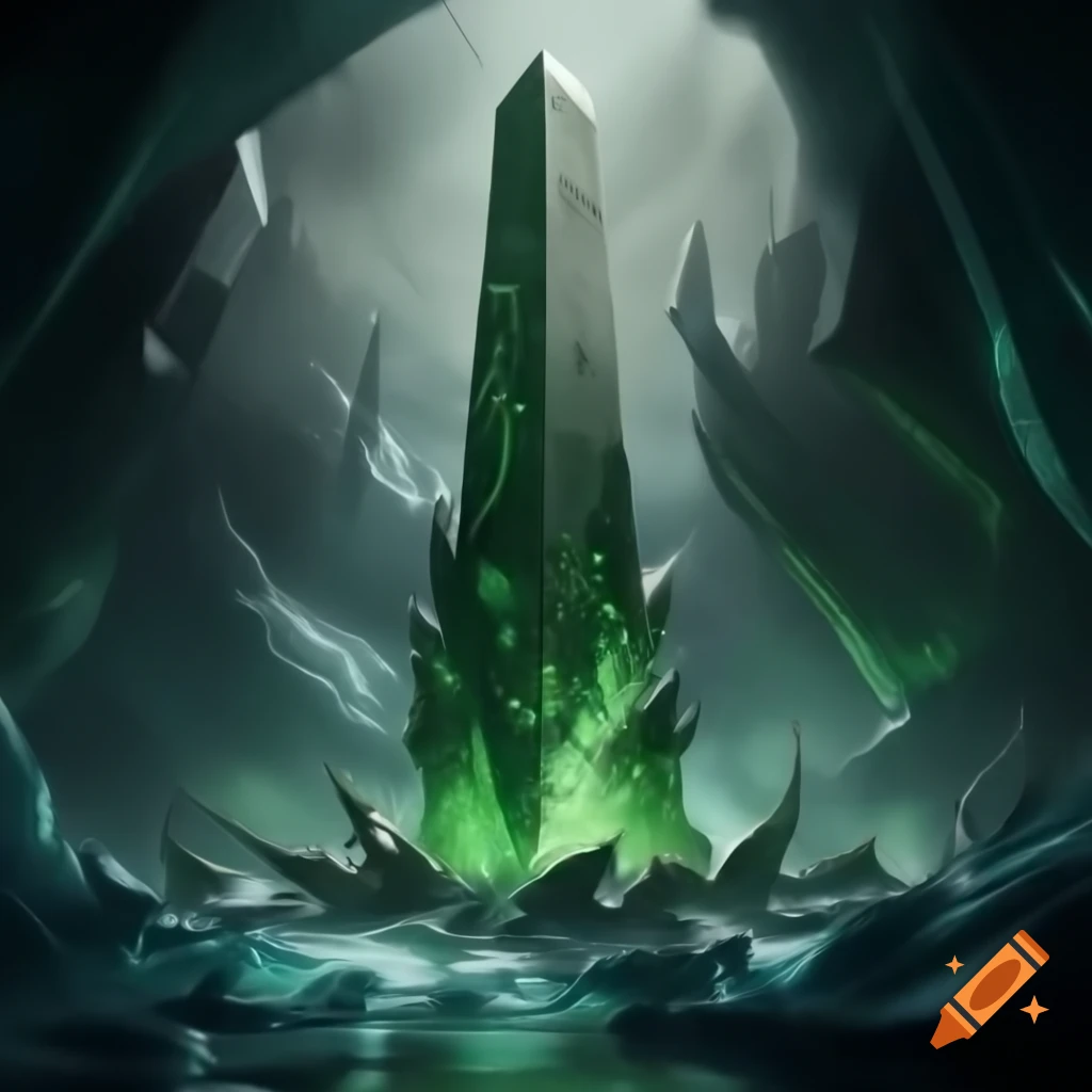 Ancient Necron obelisk with glowing green runes partially buried in ice