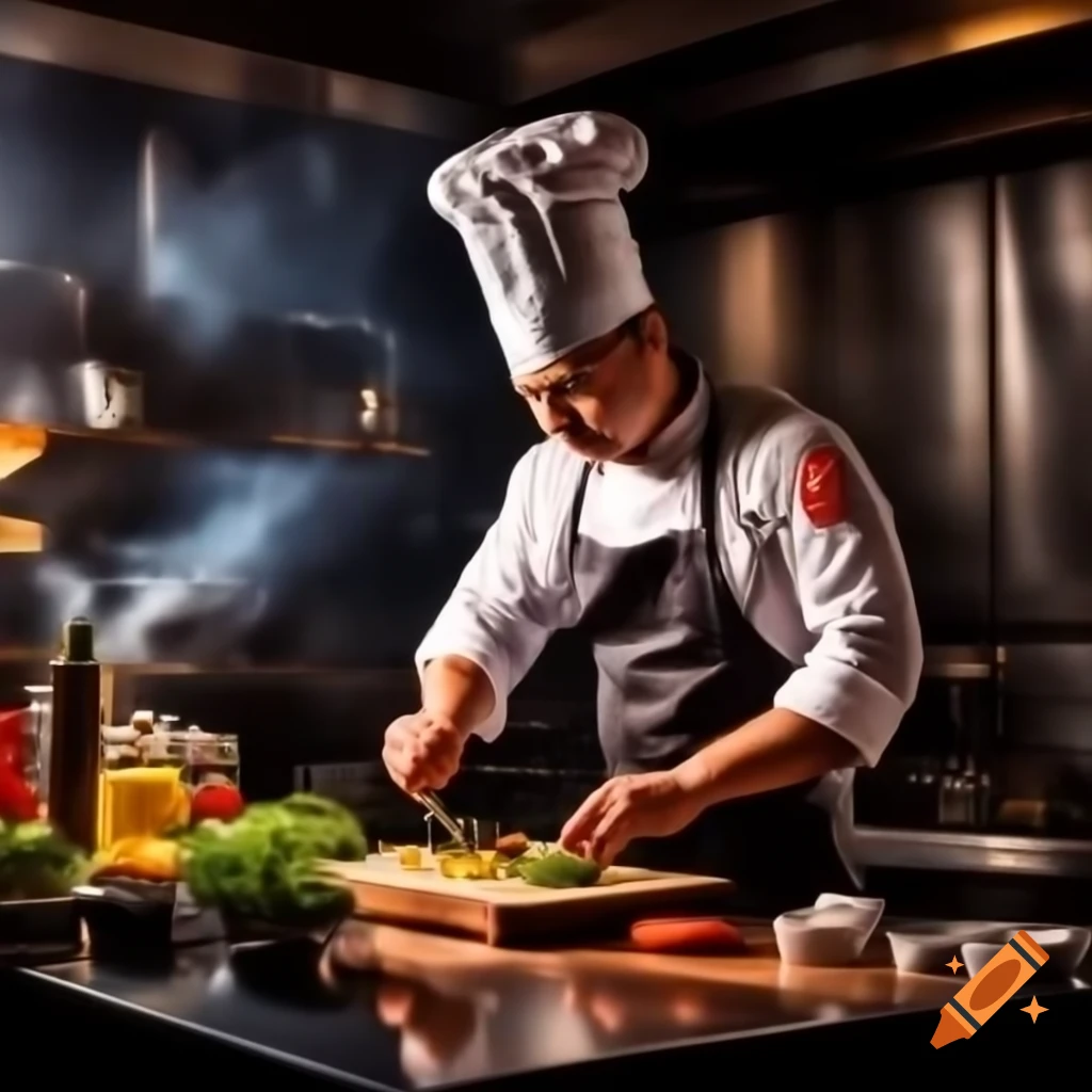Professional chef focused on preparing dish in bustling restaurant