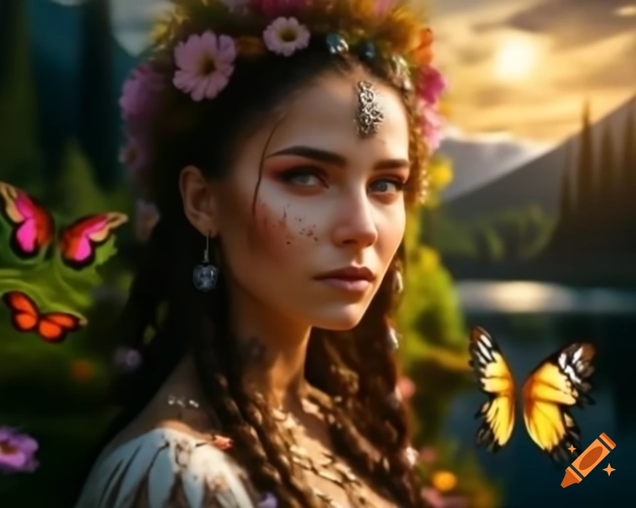 Hyperrealistic close-up of Slavic woman with flowers and butterflies in her hair