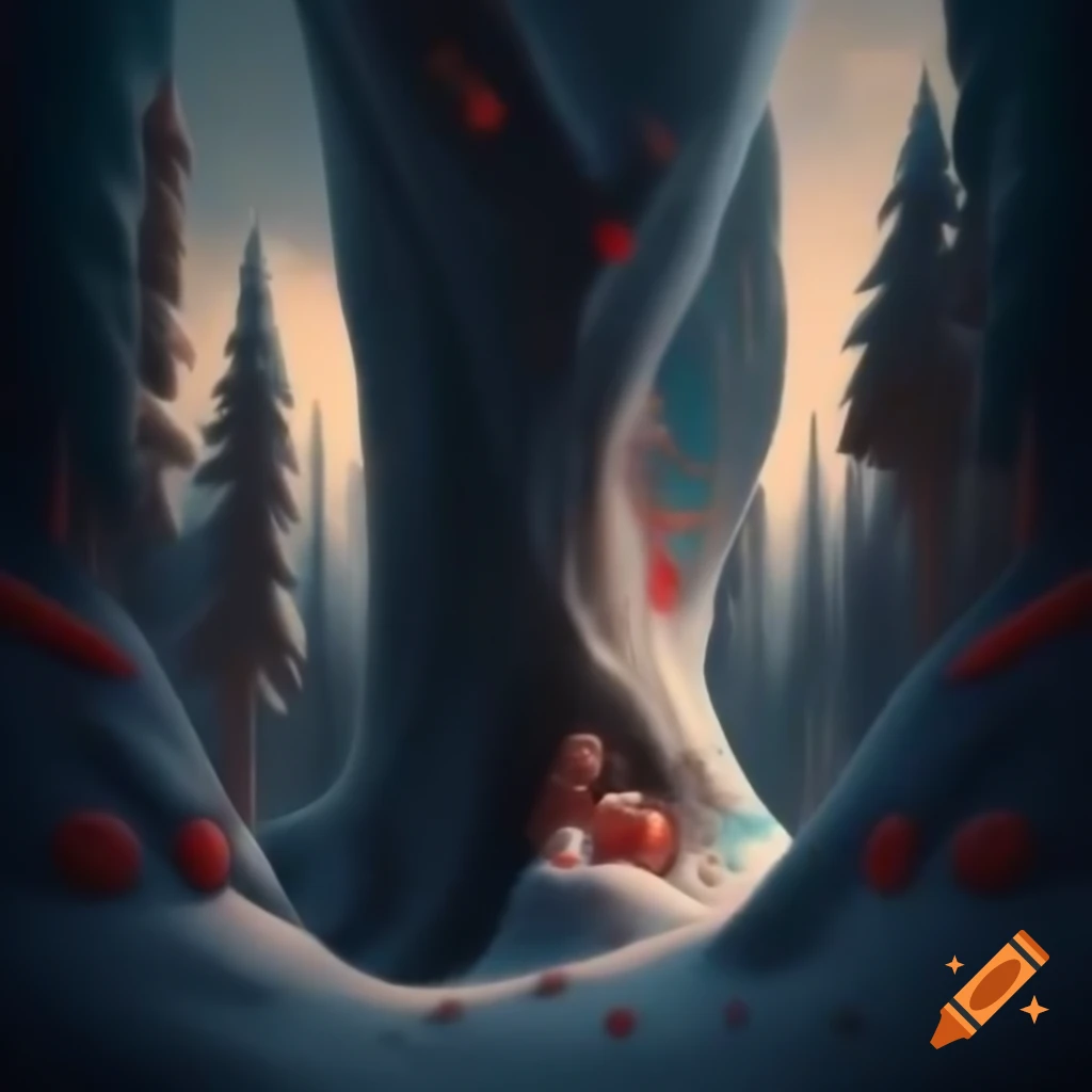 Panorama illustration of Christmas forest scene blending Salish and Russian fairytale motifs