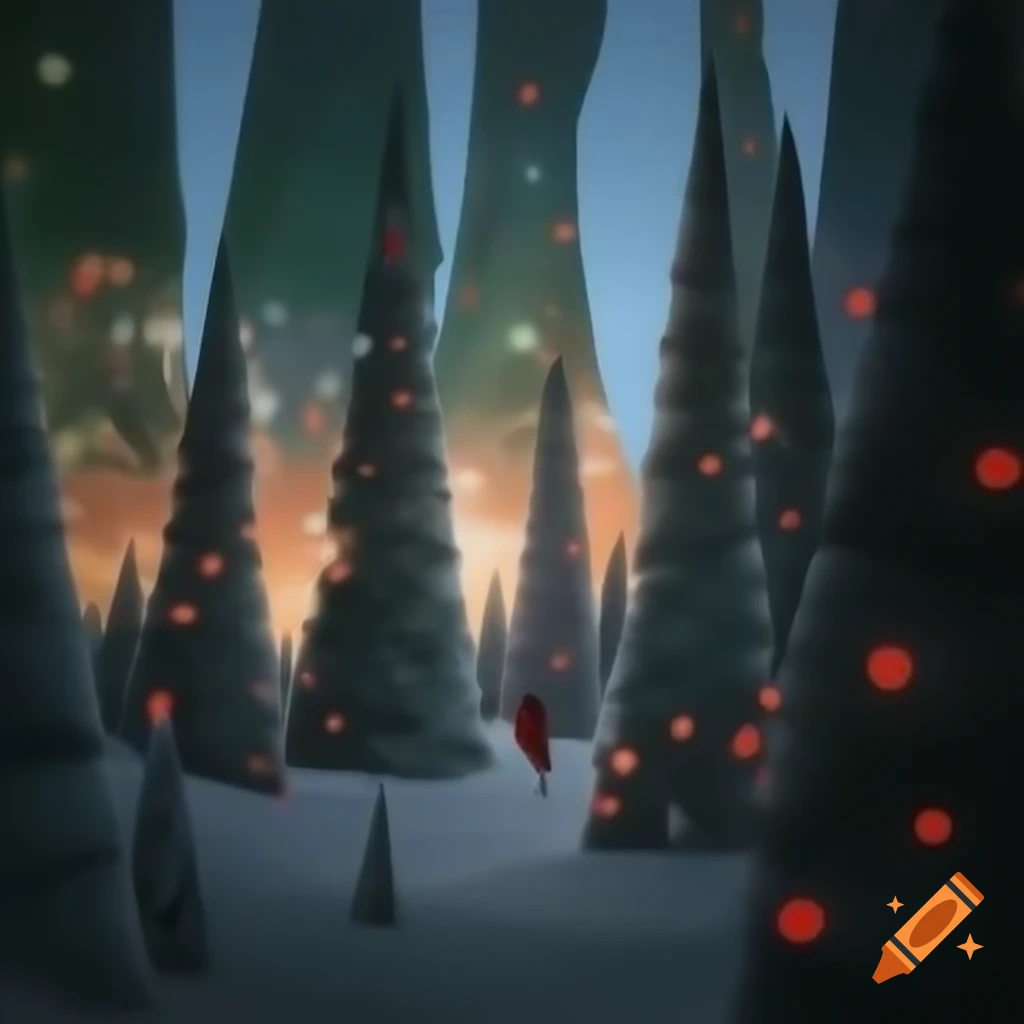 Panorama illustration of Christmas forest scene blending Salish and Russian fairytale motifs
