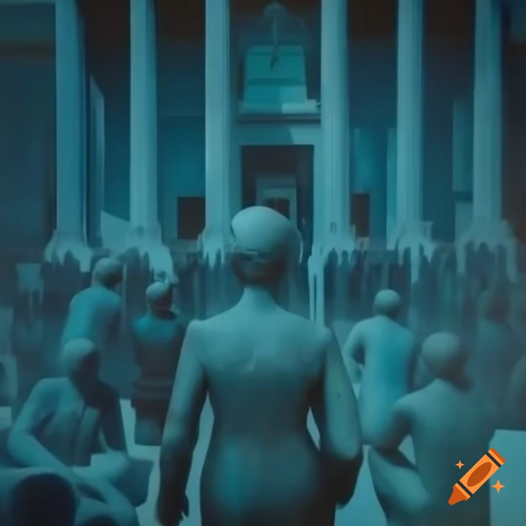 Surreal bronze engraving of church in abyssal depths with blue palette