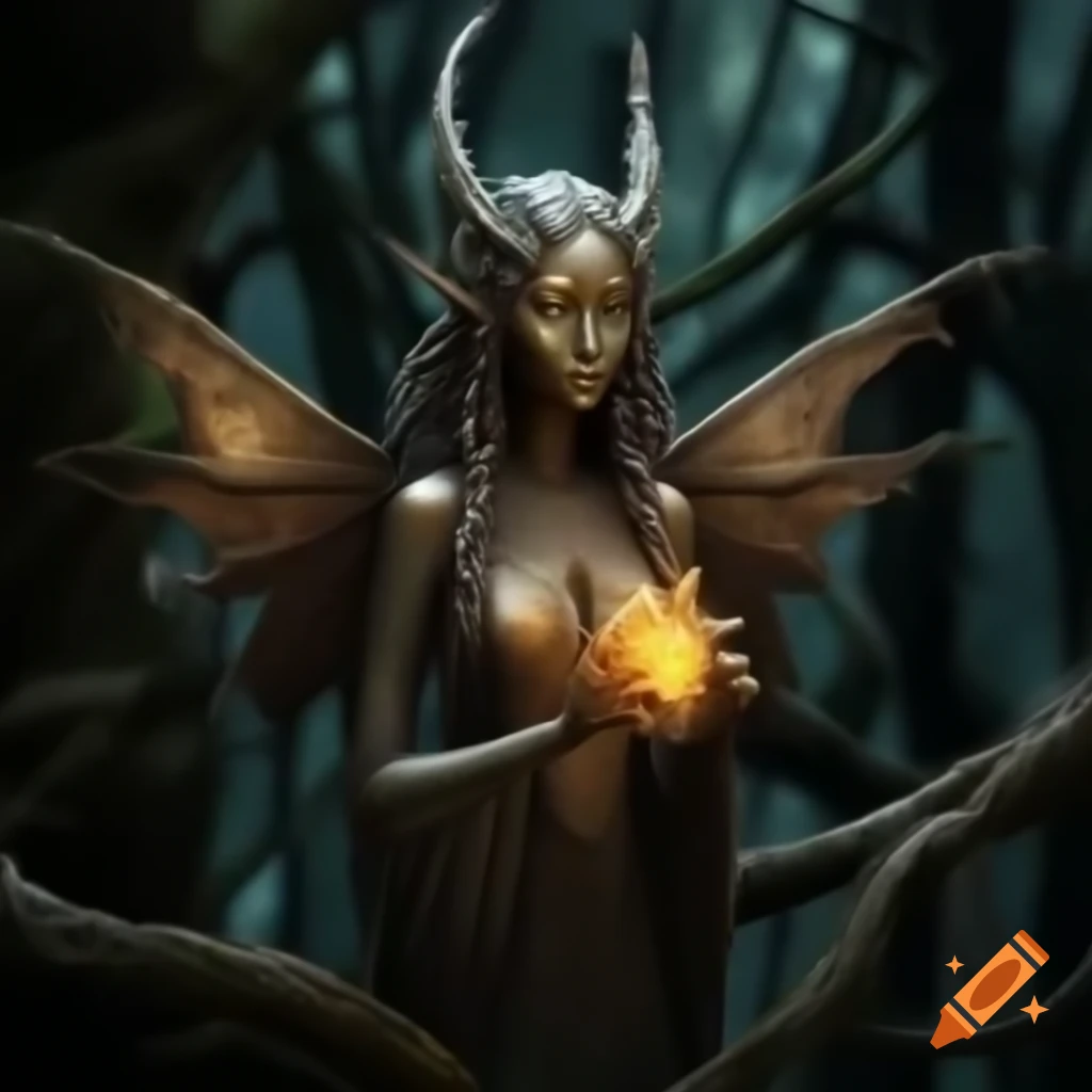 Gothic fairy sculpture in dark enchanted forest, featuring fairy with bat-like wings