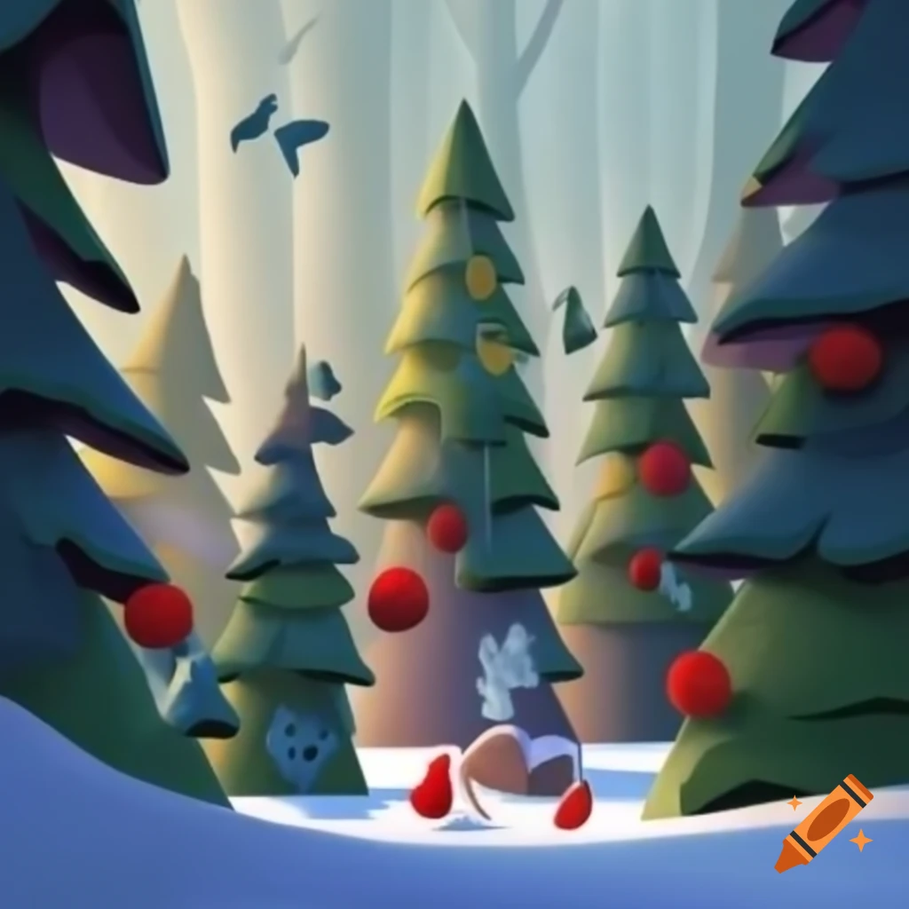 Panorama illustration of Christmas forest scene with Salish and Russian fairytale motifs
