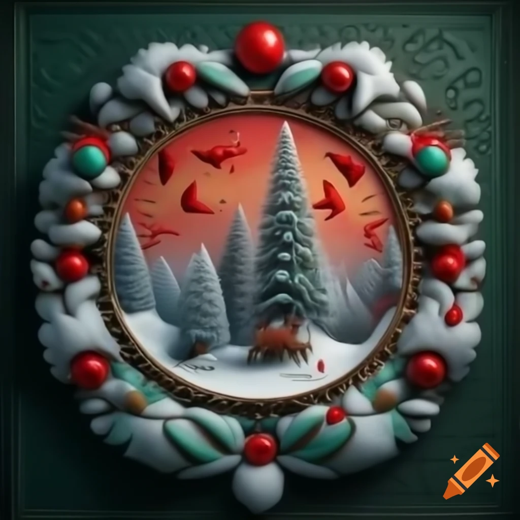 3D illustration of Christmas forest scene merging Native Salish and Russian fairytale motifs
