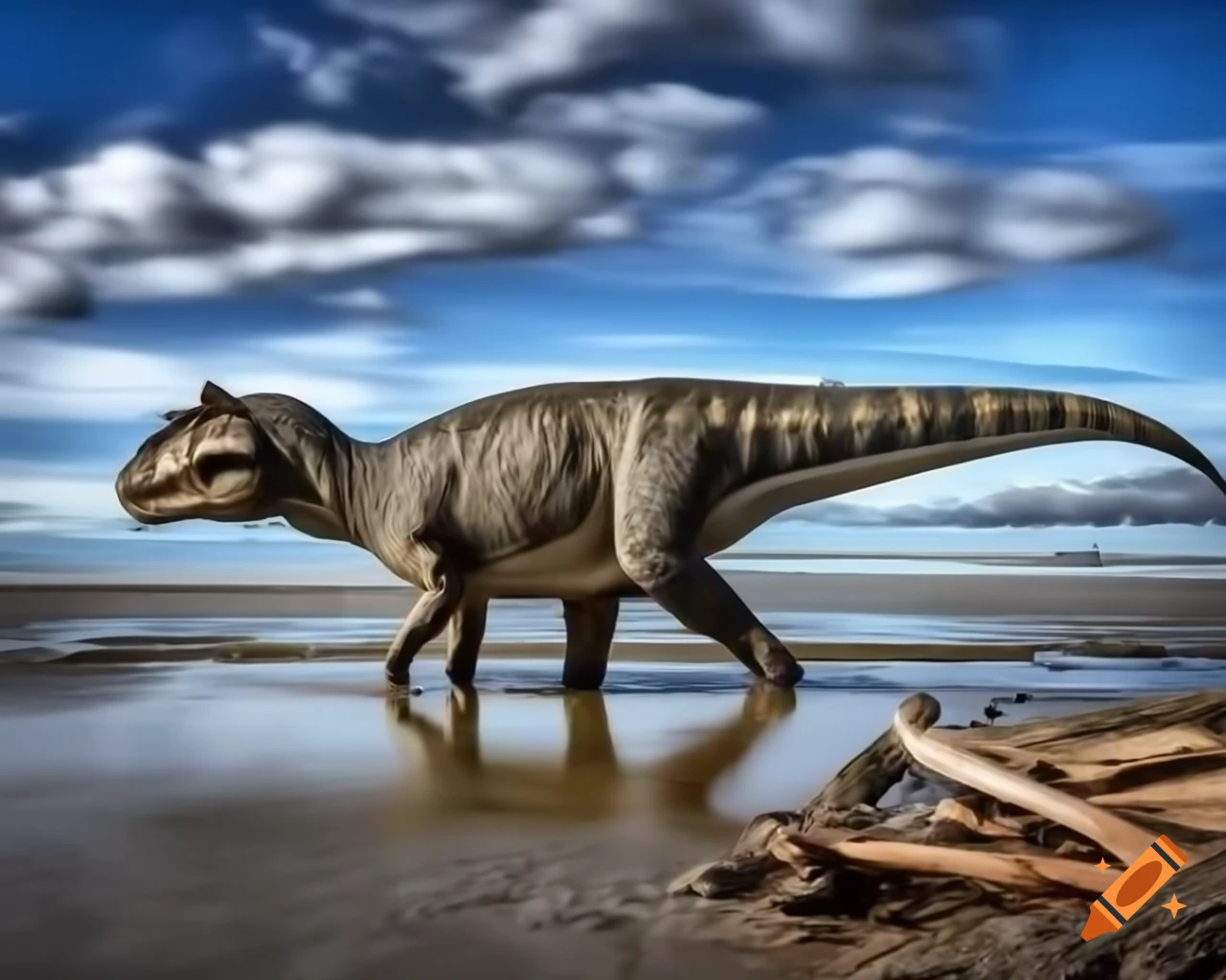Allosaurus walking along puddly coast with sandy ripples and driftwood, British Columbia