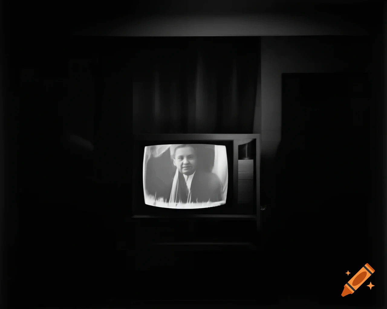 Eerie dark television in 1980s living room setting