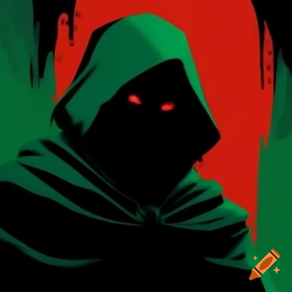 Mysterious man in dark green cloak with glowing red eyes