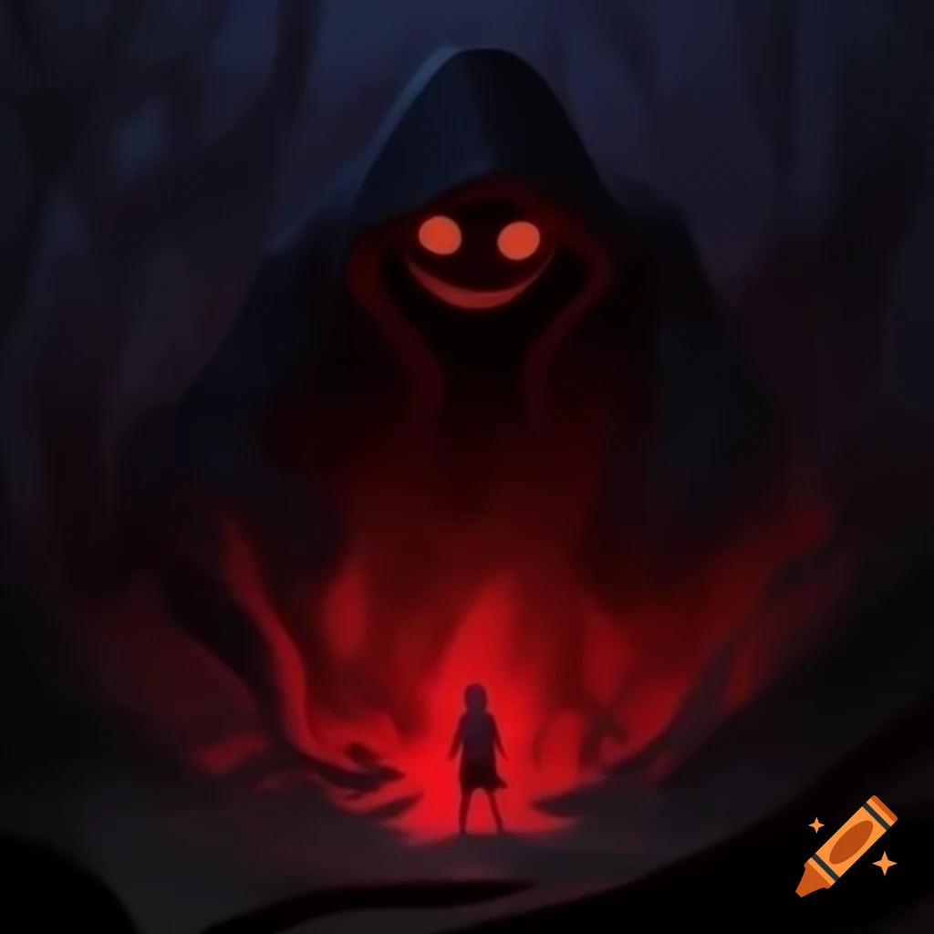 Shadowy figure in red hoodie standing in dark abyss with red glow