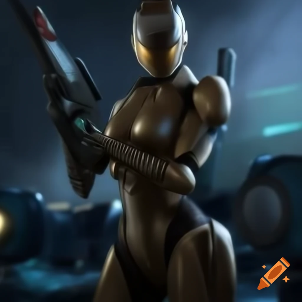 Cyborg warrior in armor with laser rifle on futuristic battlefield