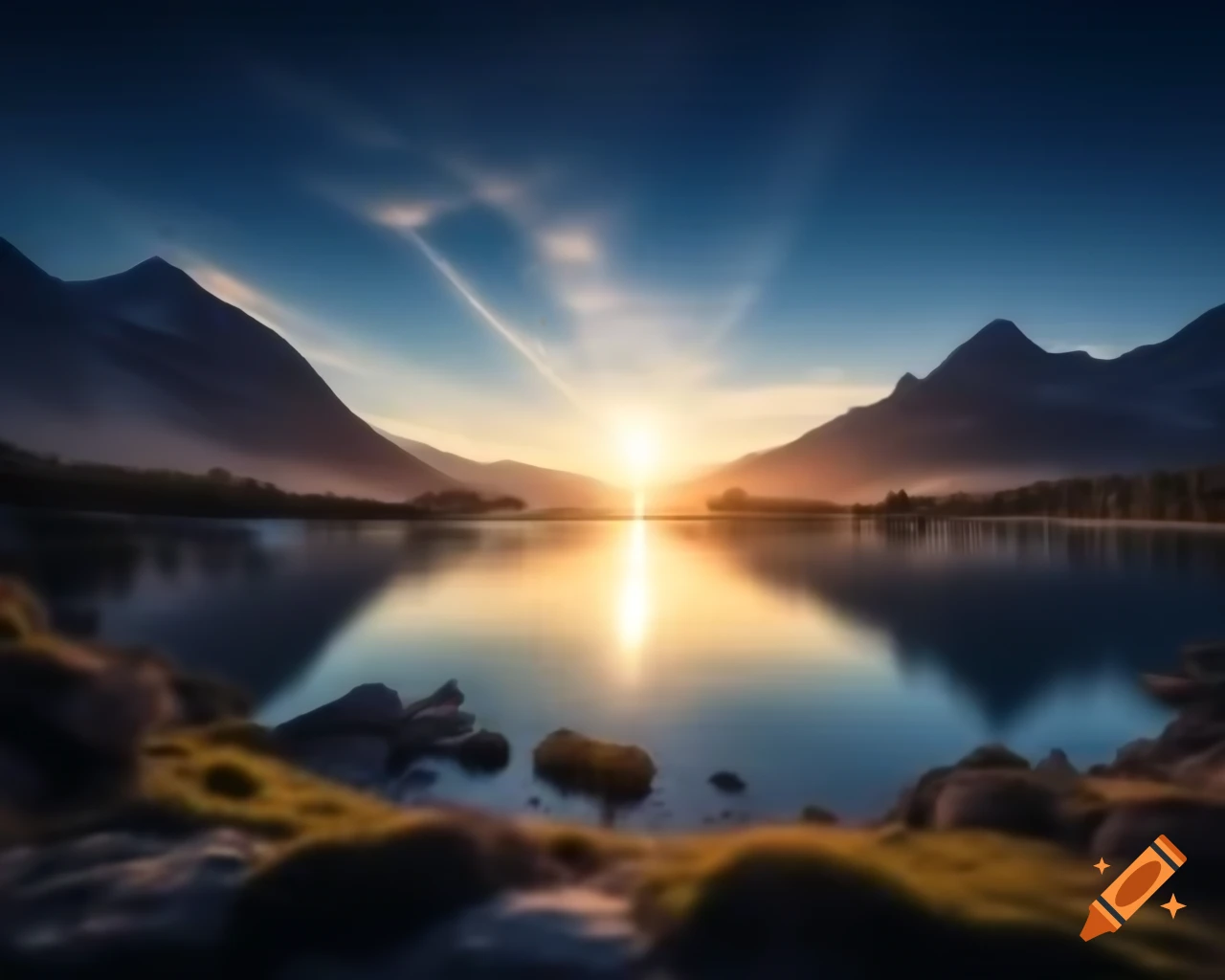 Photorealistic 3D render of mountain lake at sunset with sun rays and island