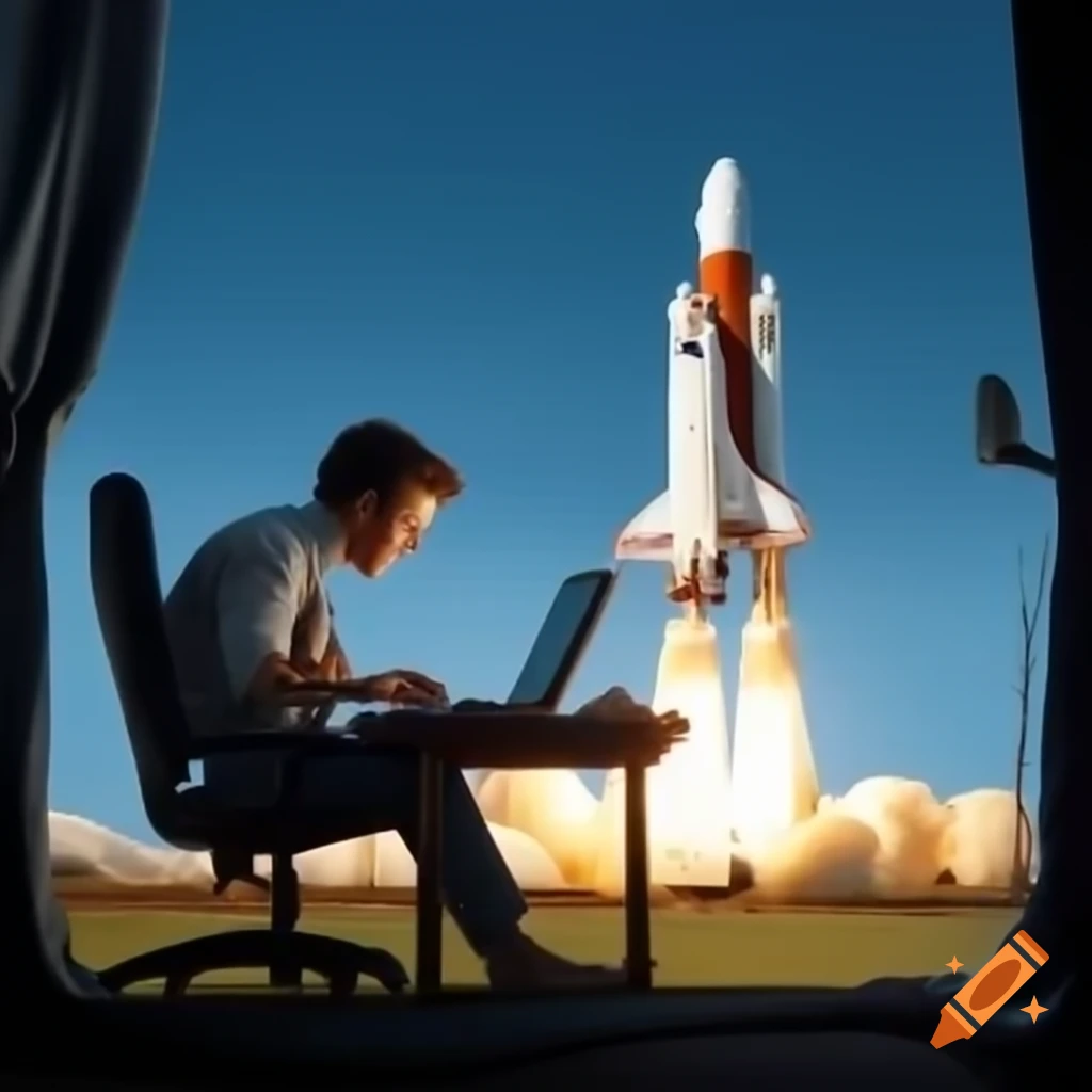 Person at computer observing rocket launch
