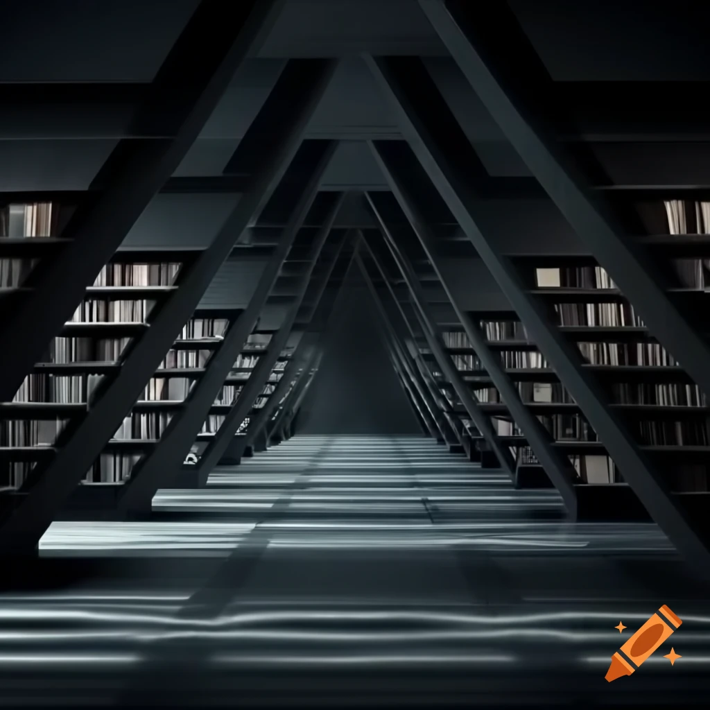 Empty futuristic brutalism style library interior in monochrome