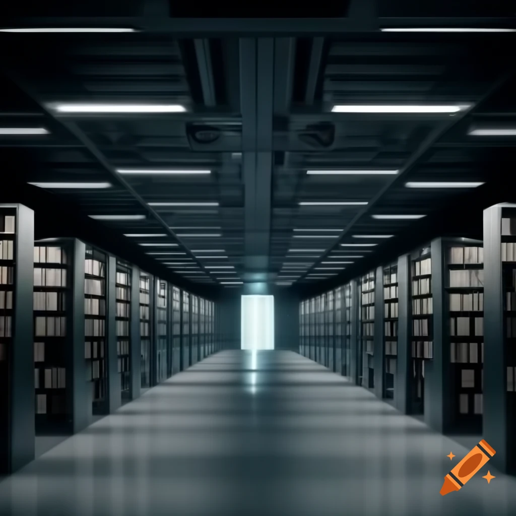 Futuristic brutalism style interior of an empty monochrome library