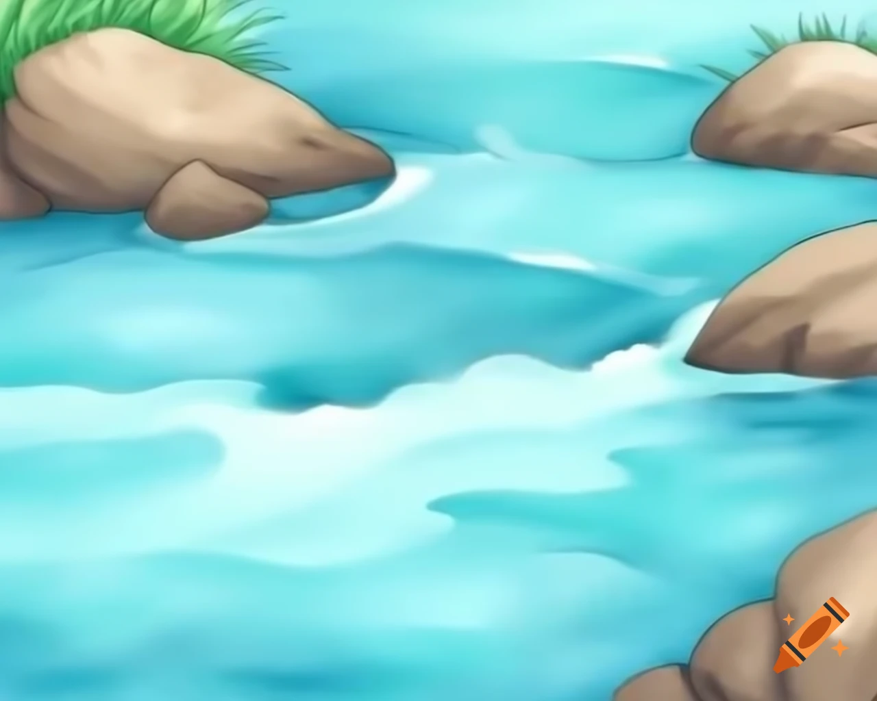 Rapidly flowing creek in watercolor hues of aqua blue and green, cartoon style