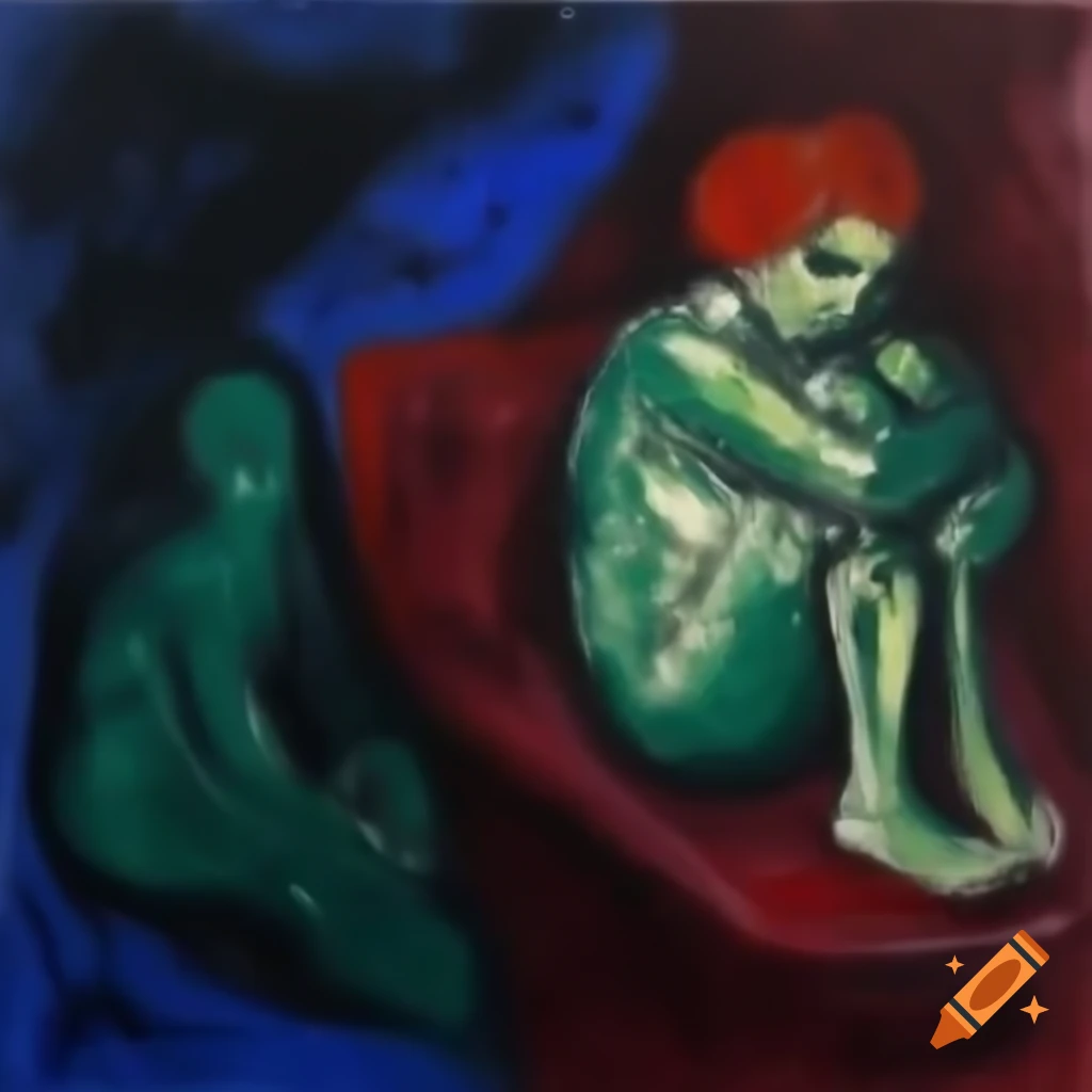 Artwork depicting psychological distress in the style of Marc Chagall