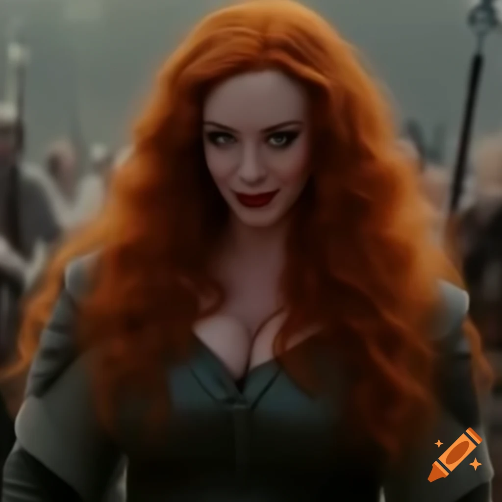 Wide shot of female cosplayer as warrior, painting by Andrew Tischler