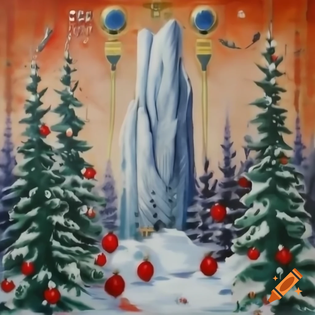 Panorama of Christmas forest scene merging Native Salish and Russian fairytale motifs with evergreens
