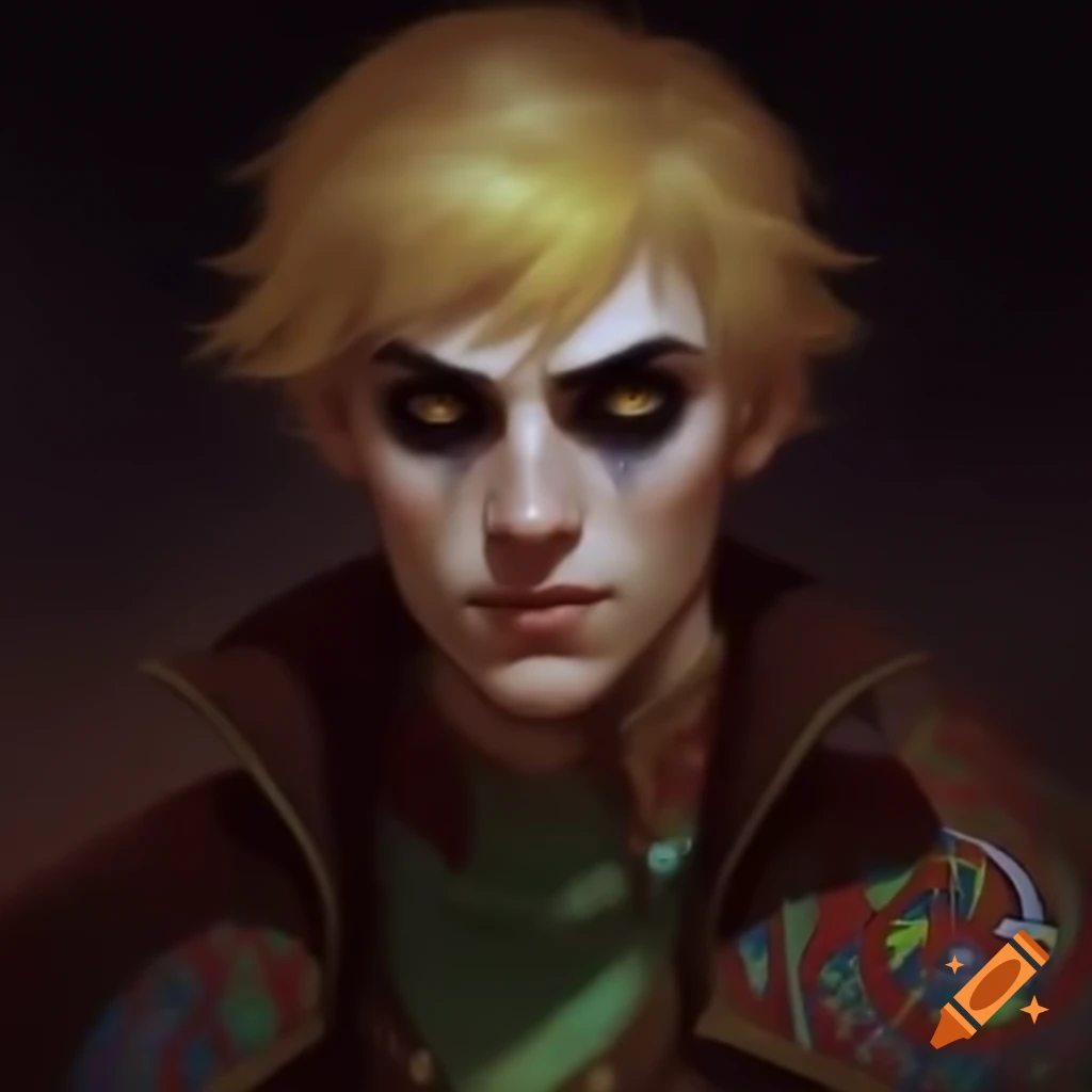 Stylish male with blonde hair in psychedelic clothing, portraying a maniacal expression