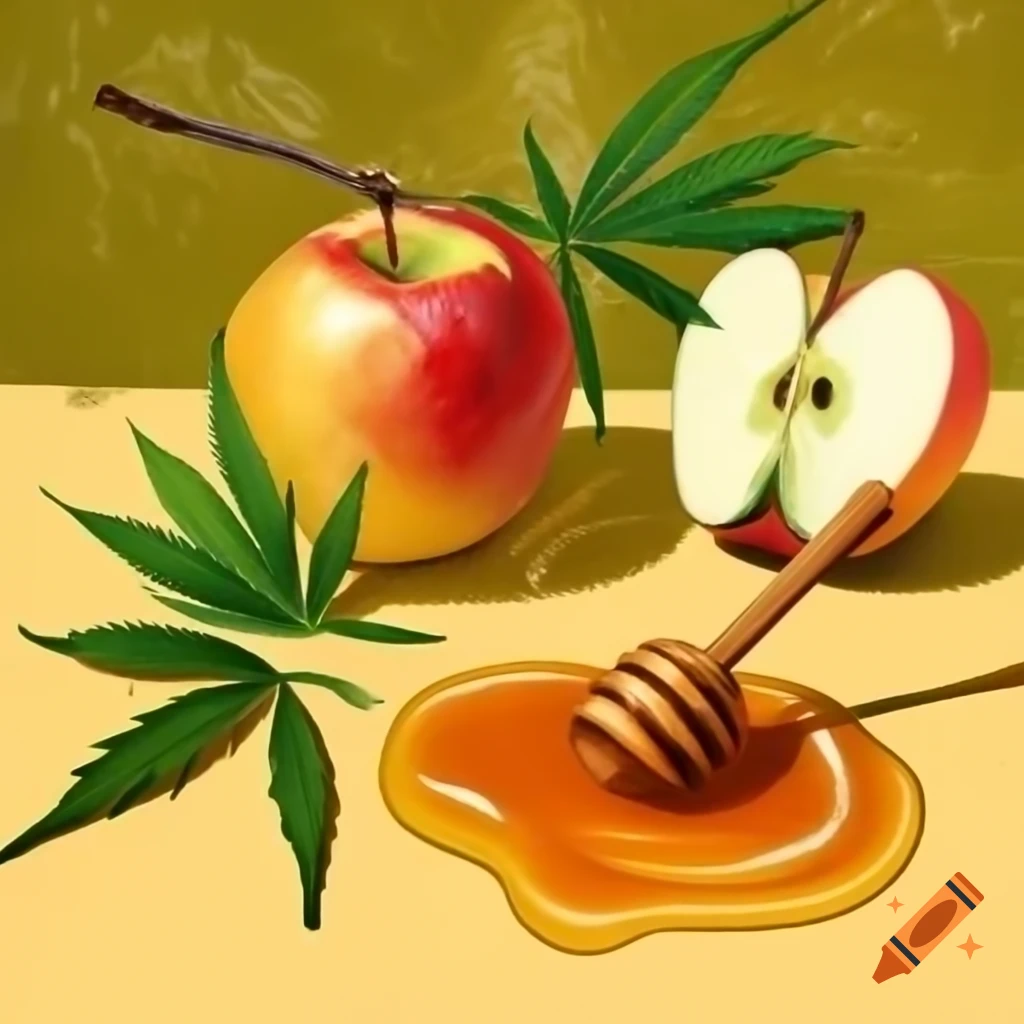 Still life of apples and honey with marijuana leaves in Van Gogh style