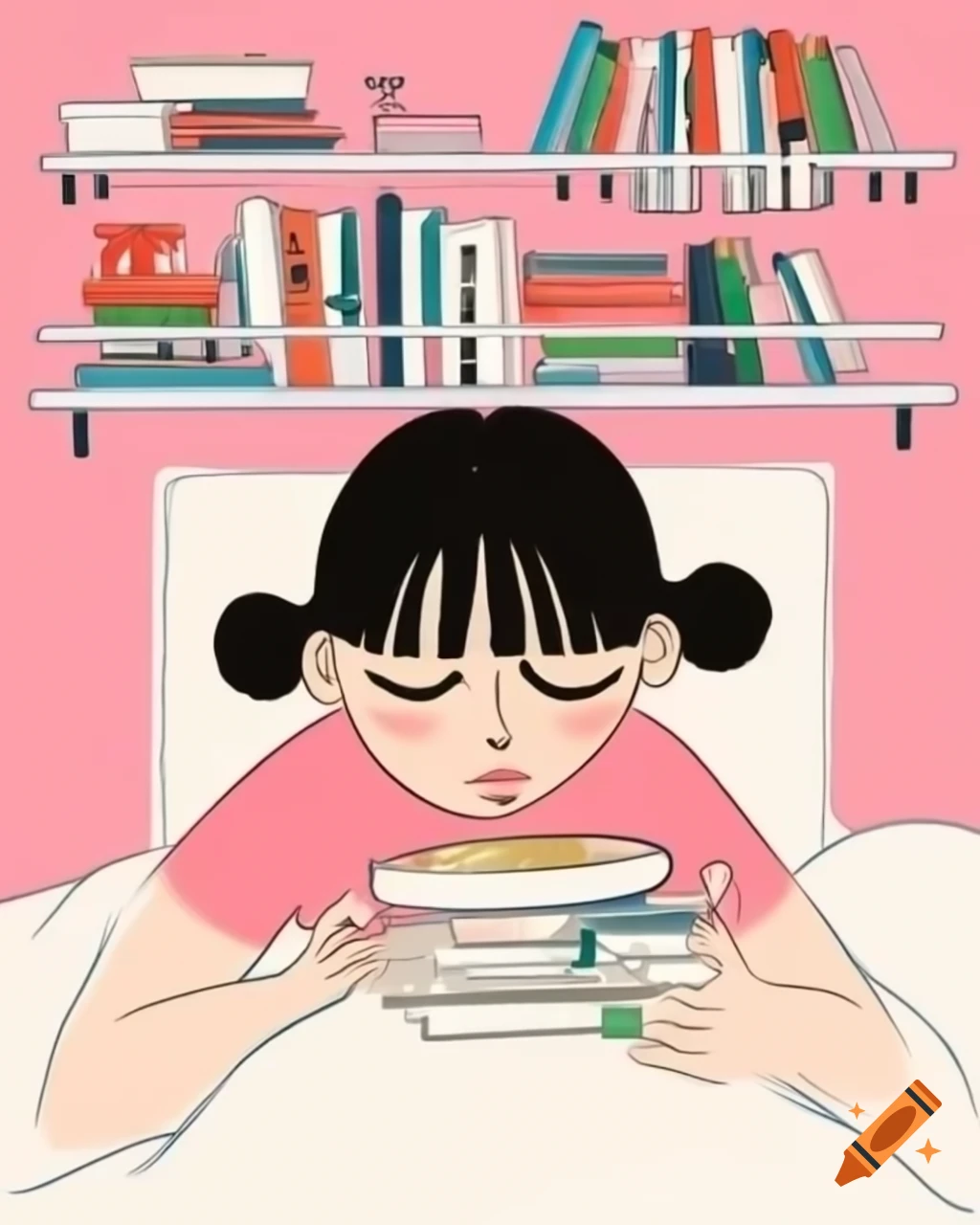 College girl with black hair eating ramen in minimalist room
