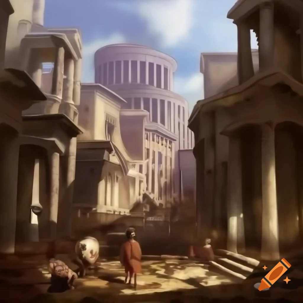 Starving child wandering Roman city under siege in Renaissance style painting