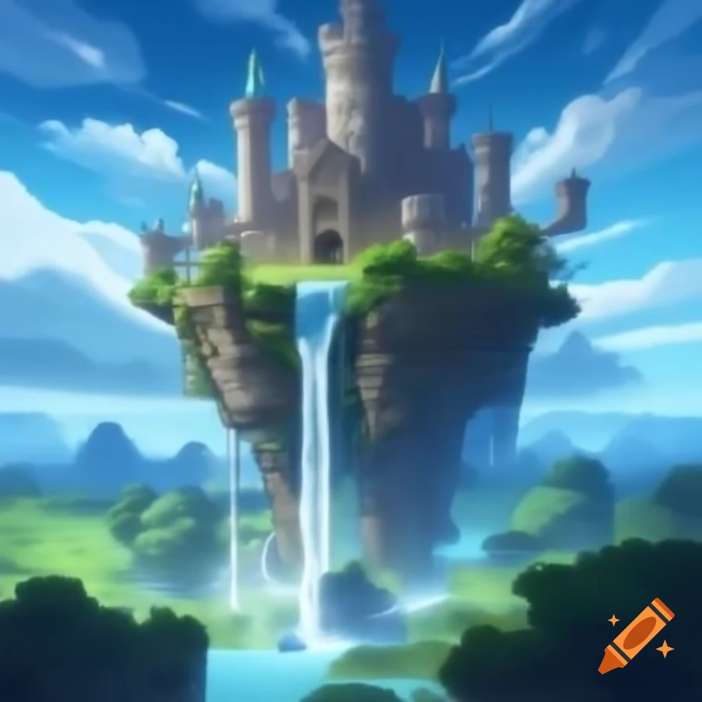 Floating castle on massive waterfall in the sky