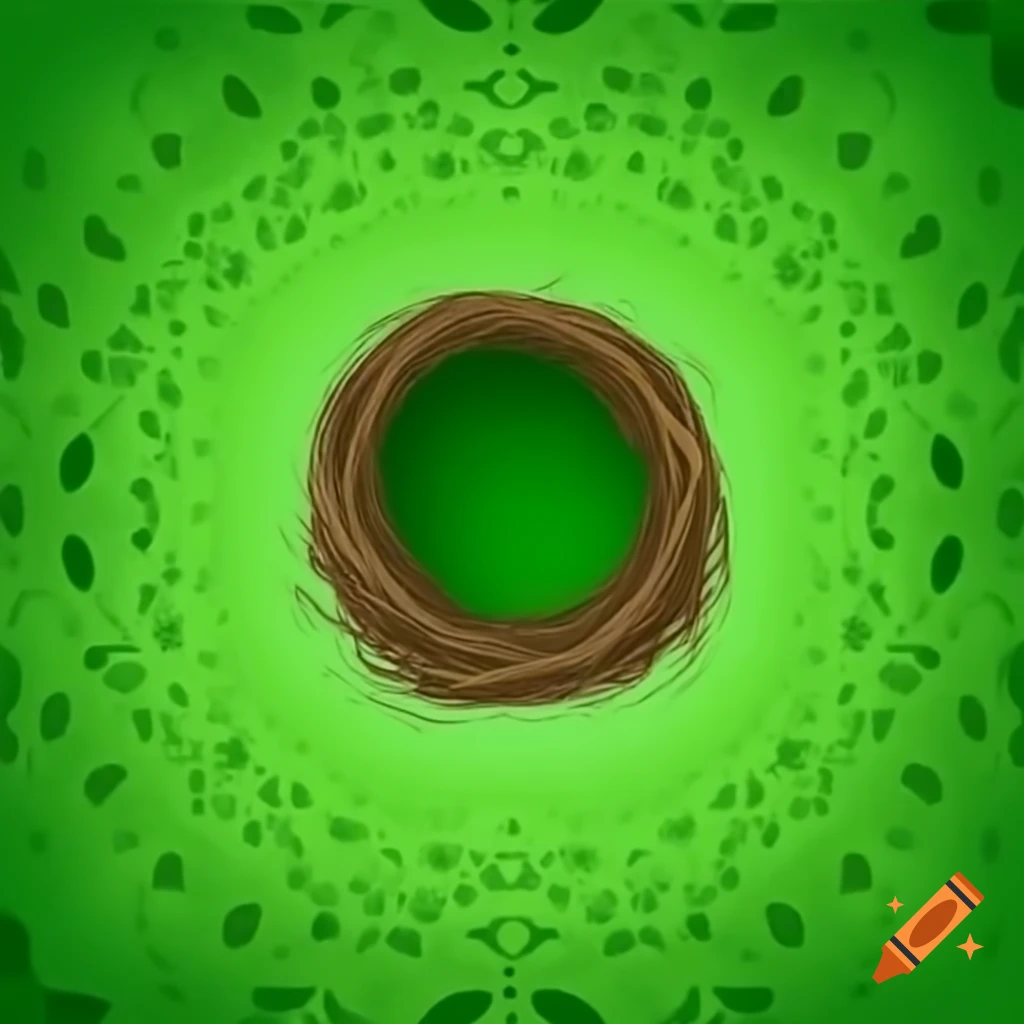 Empty green nest atop branches with green background