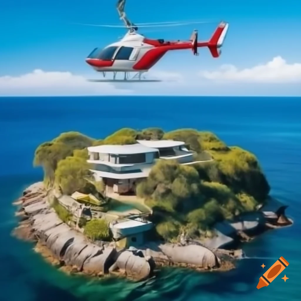 House in the middle of the Atlantic Ocean with helicopter flying above