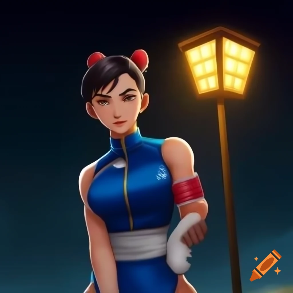 Anime Chun-li from Street Fighter in akimbo stance before floodlight