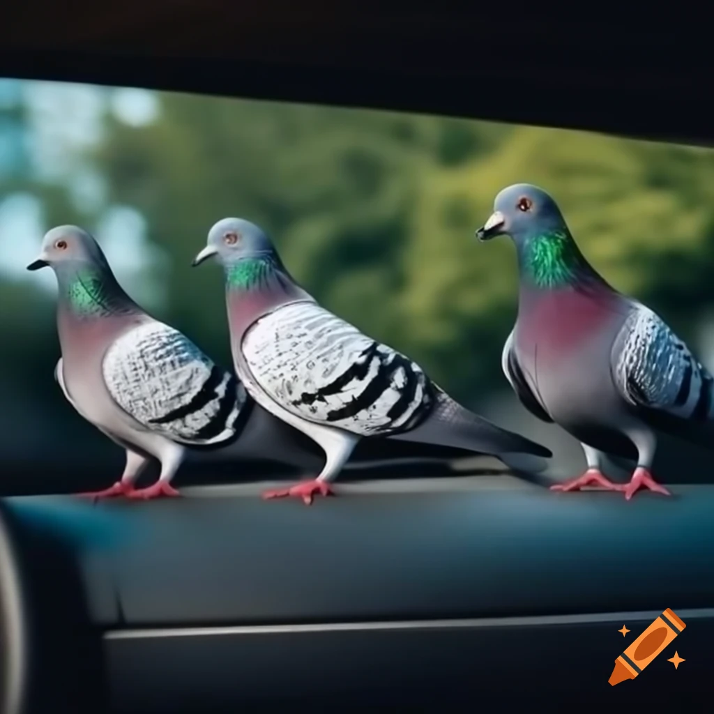 Three pigeons humorously driving a car
