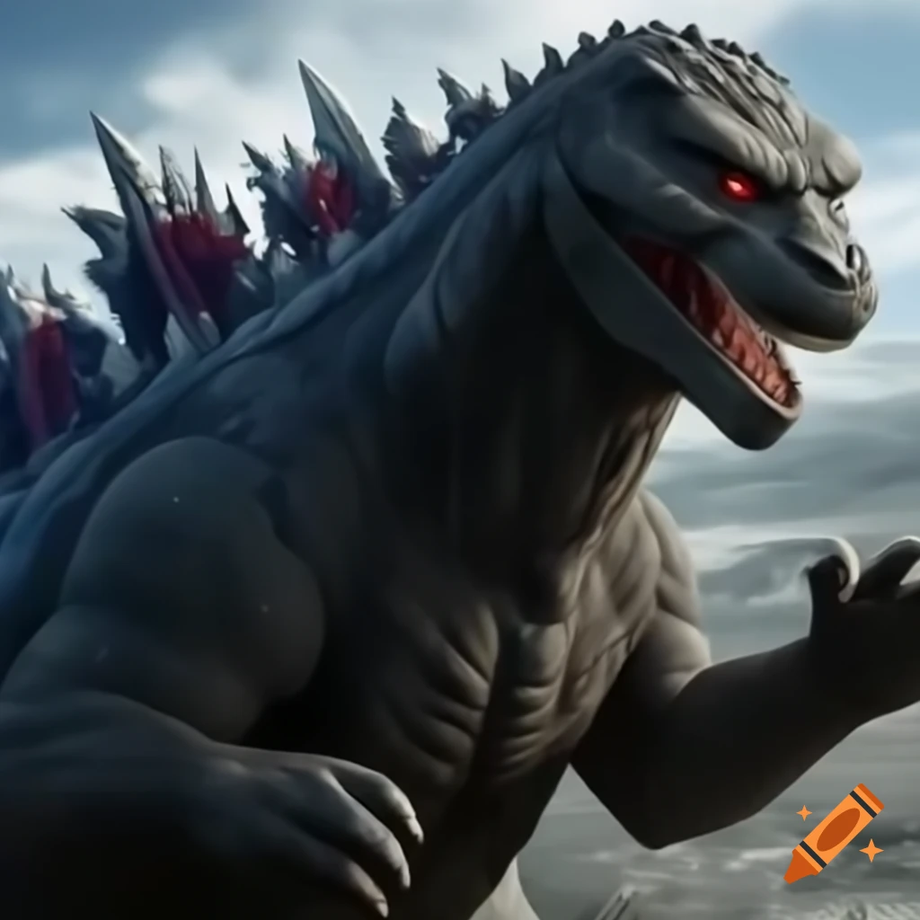 Putin riding Godzilla in Dream War, dramatic scene