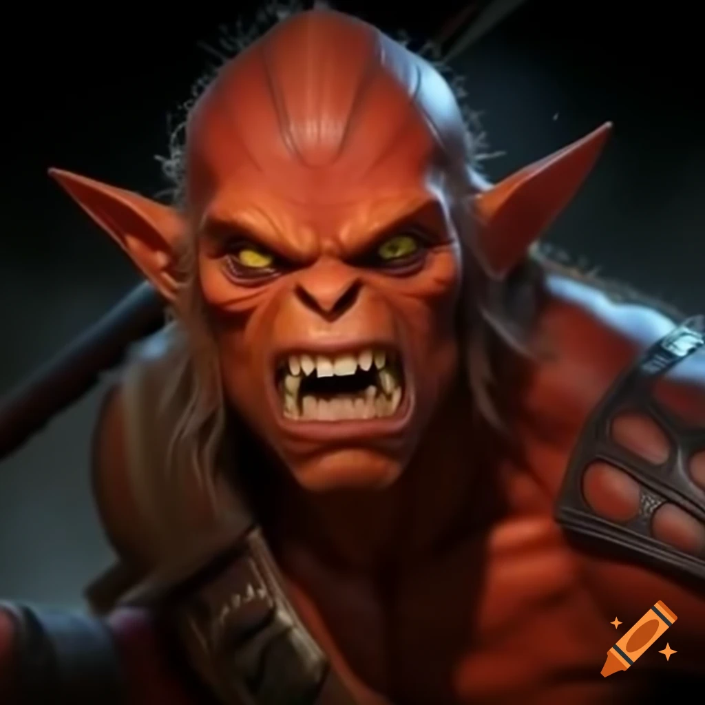 Realistic male hobgoblin warrior with red-orange skin and fierce expression, holding scimitar