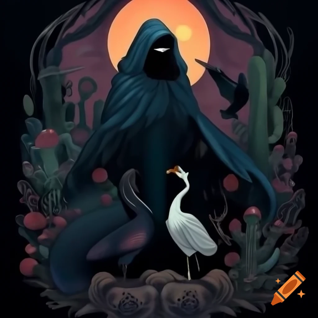 Mystical Curandera Raven and elegant Mother Goose in illustrated style