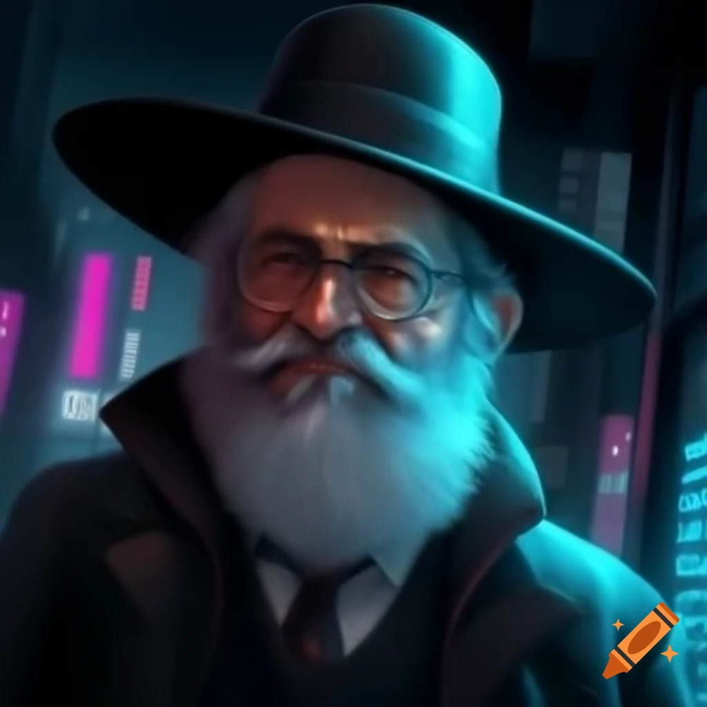 Cyberpunk rabbi in futuristic setting