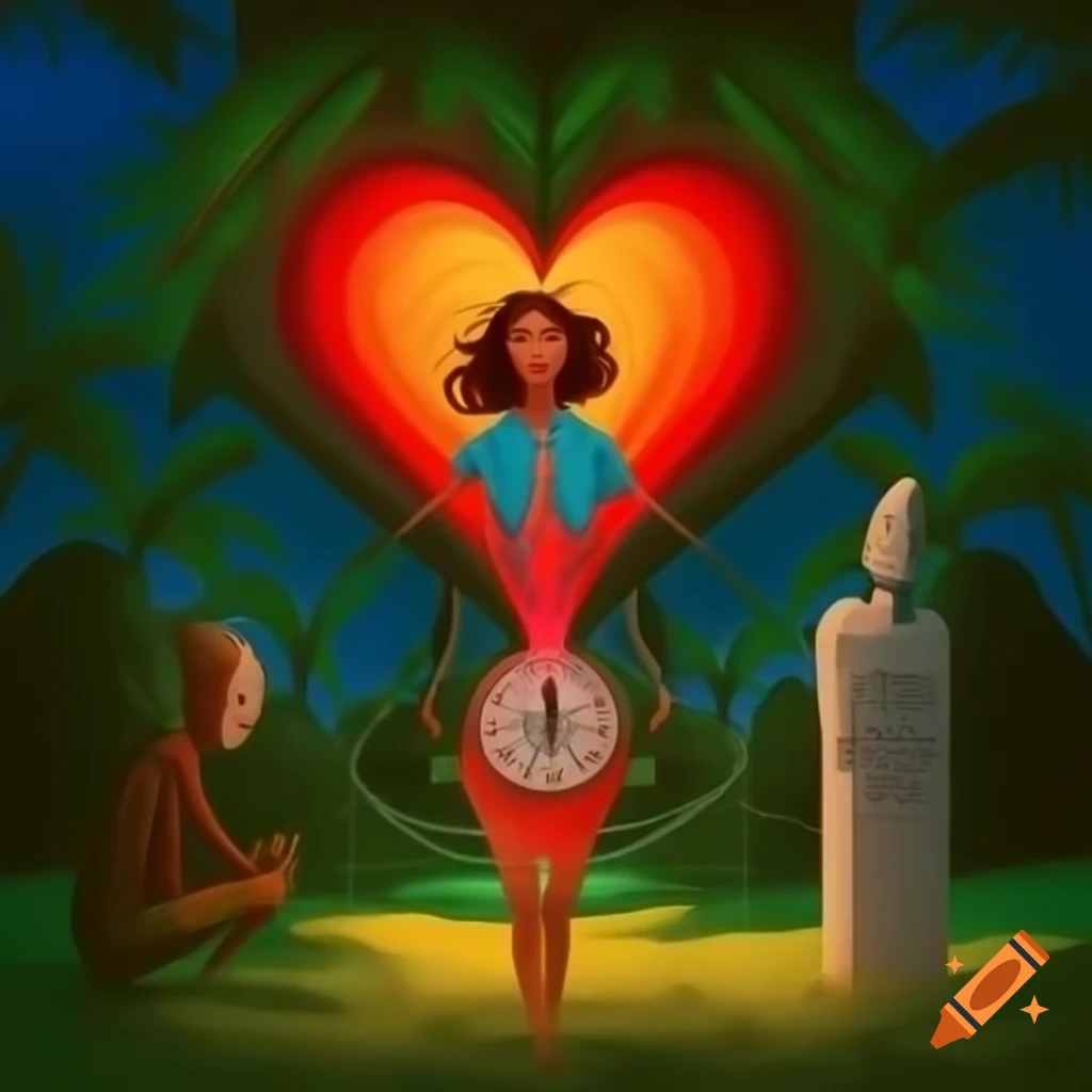 Concept art of a human heart made of roads linking a couple, featuring a clock showing 11:11 with tropical vibes