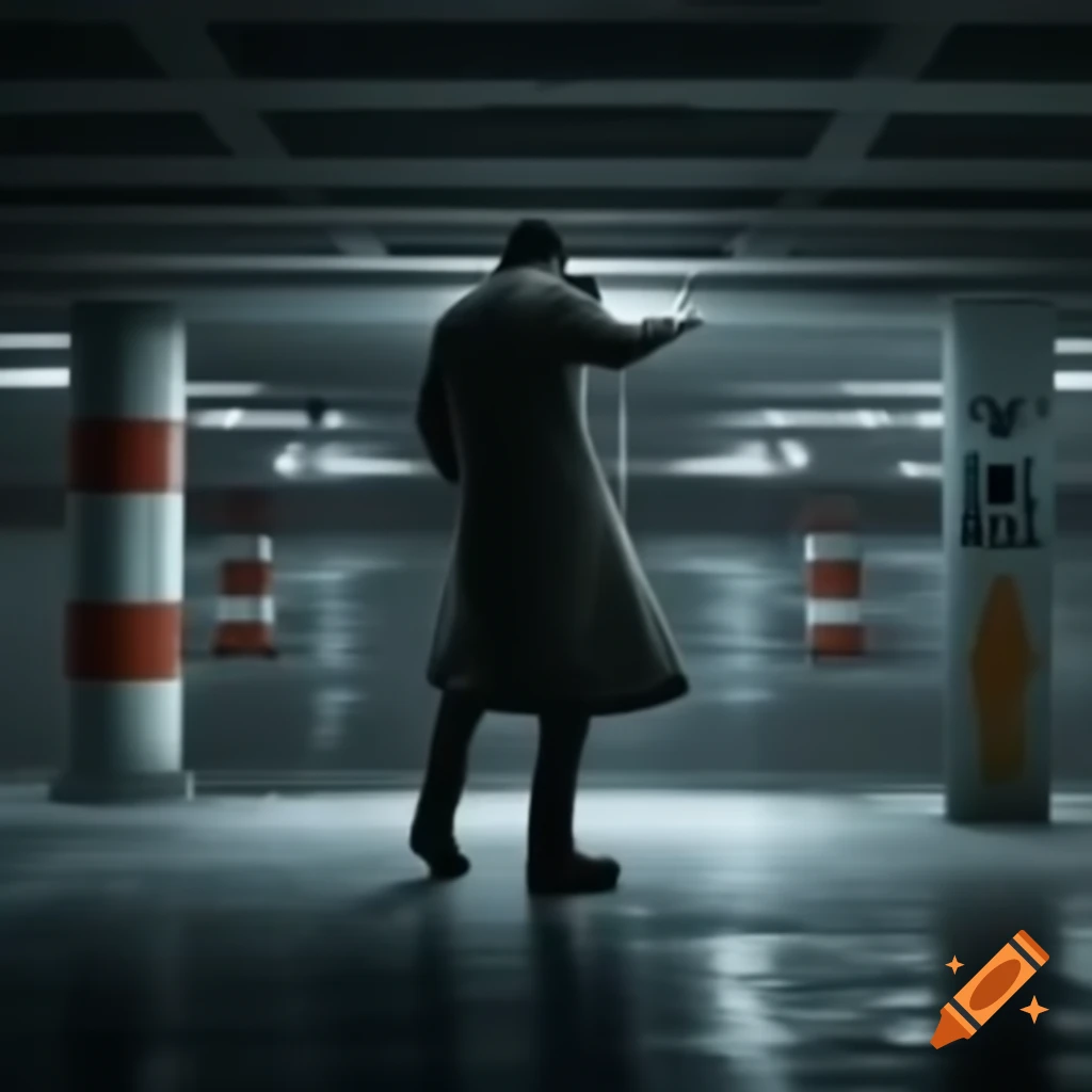 Silhouette of a criminal in t-pose in underground parking garage