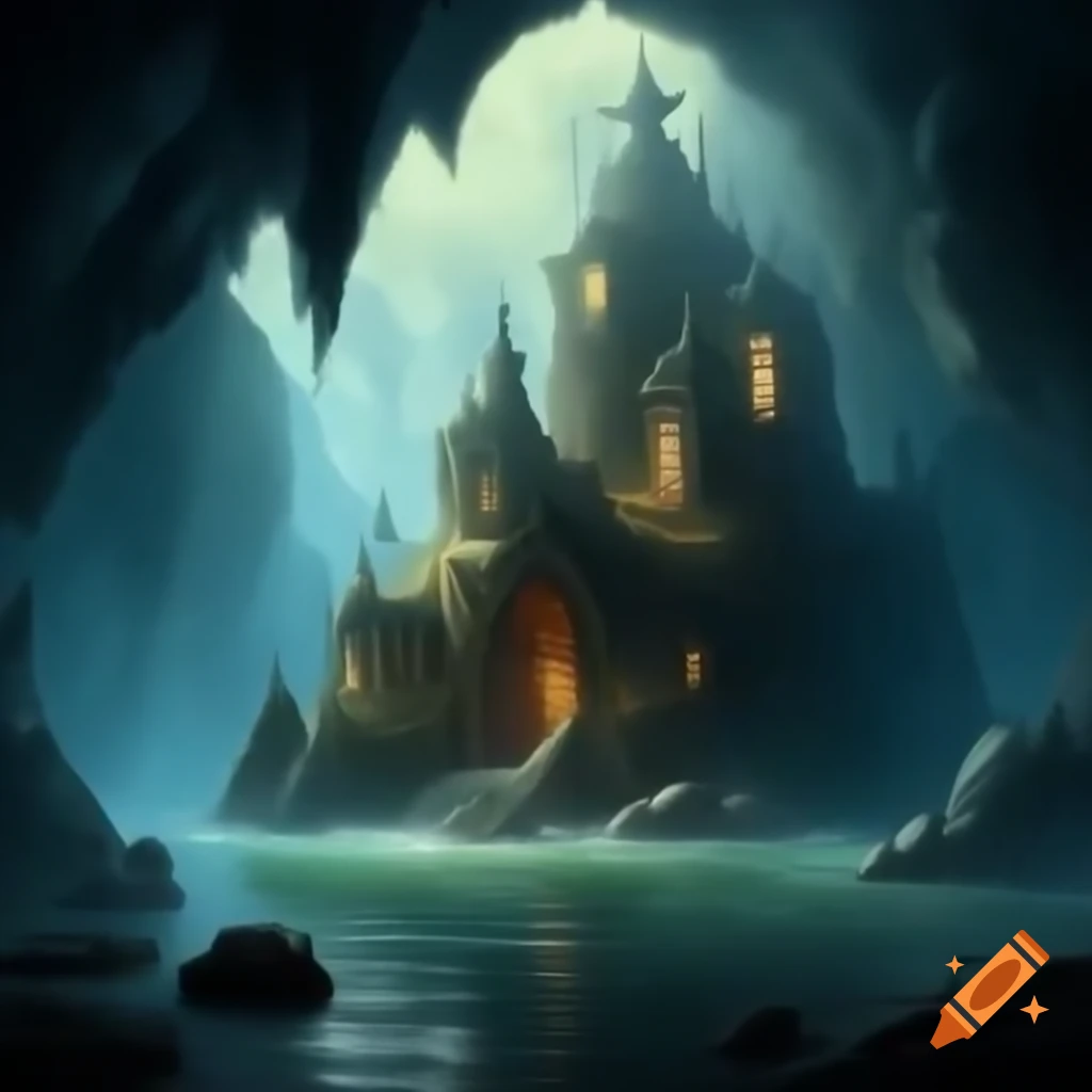 Cave painting of monastery by the shoreline