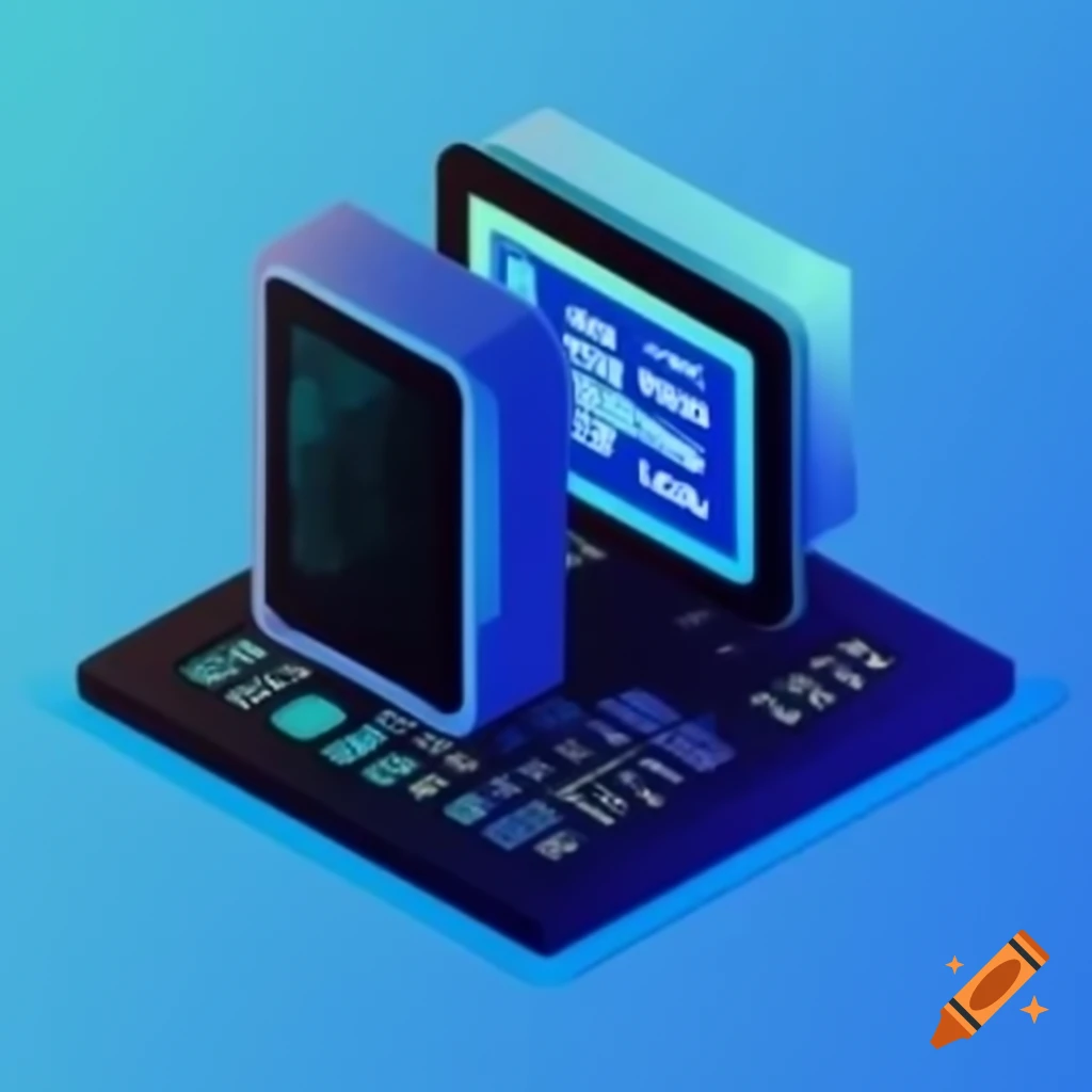 Isometric low-poly computer hacking design in black and blue tones