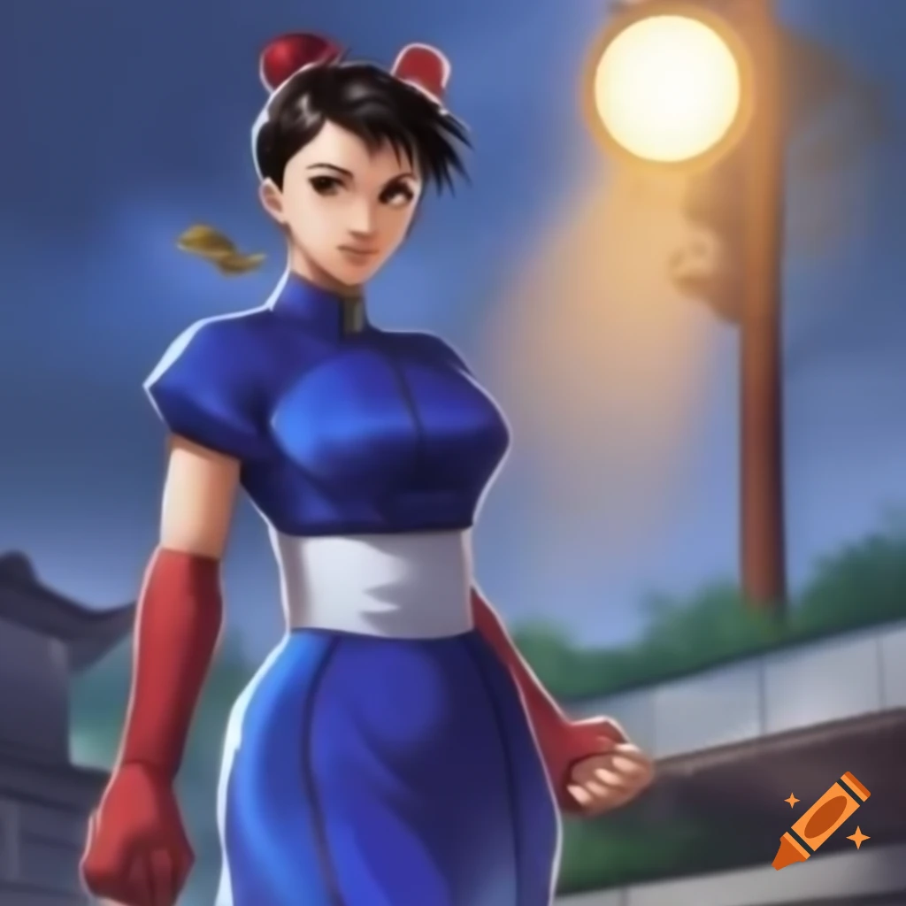 Anime depiction of Chun-Li from Street Fighter in front of floodlight