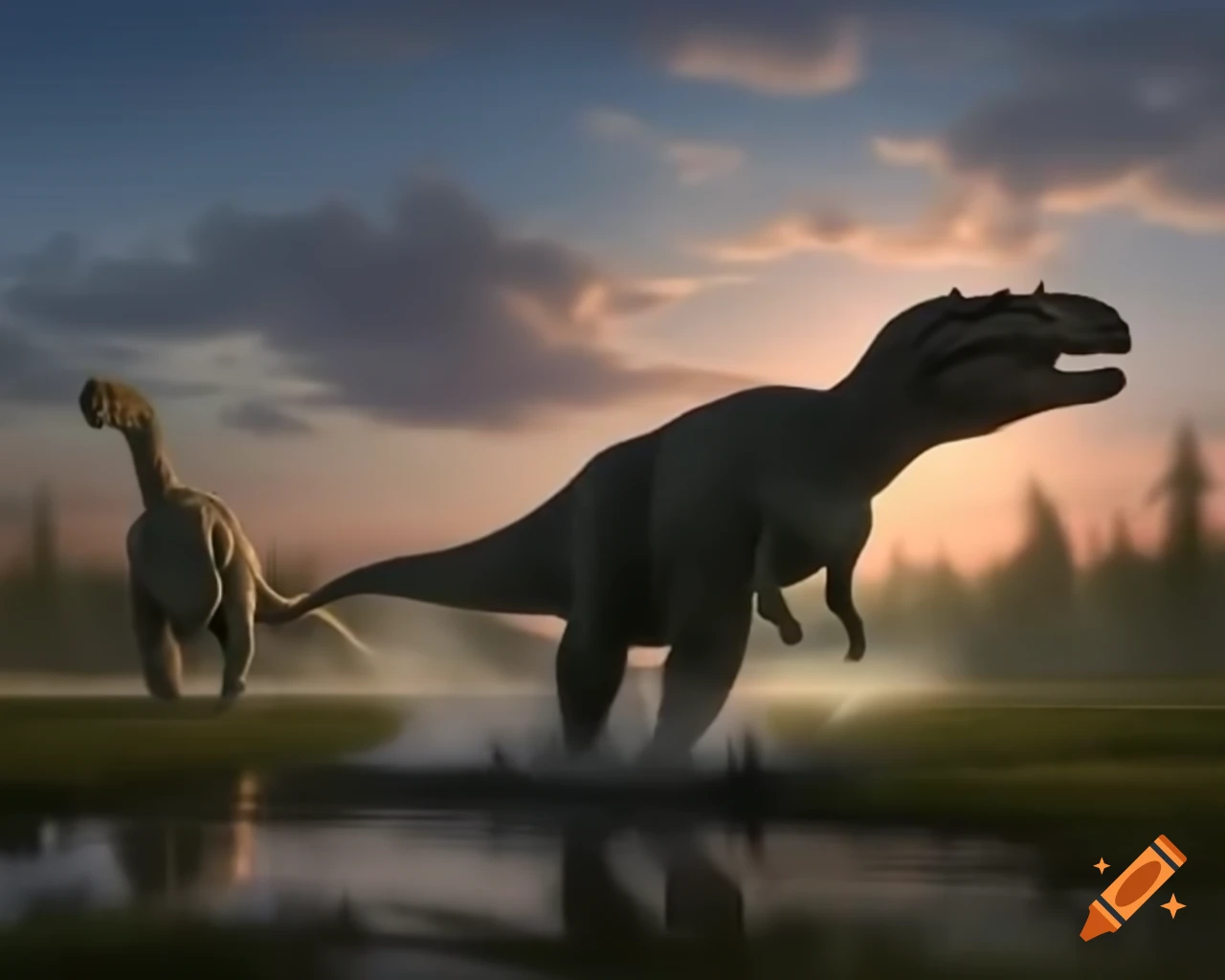 Two Allosaurus crossing marshland at sunset with moon visible