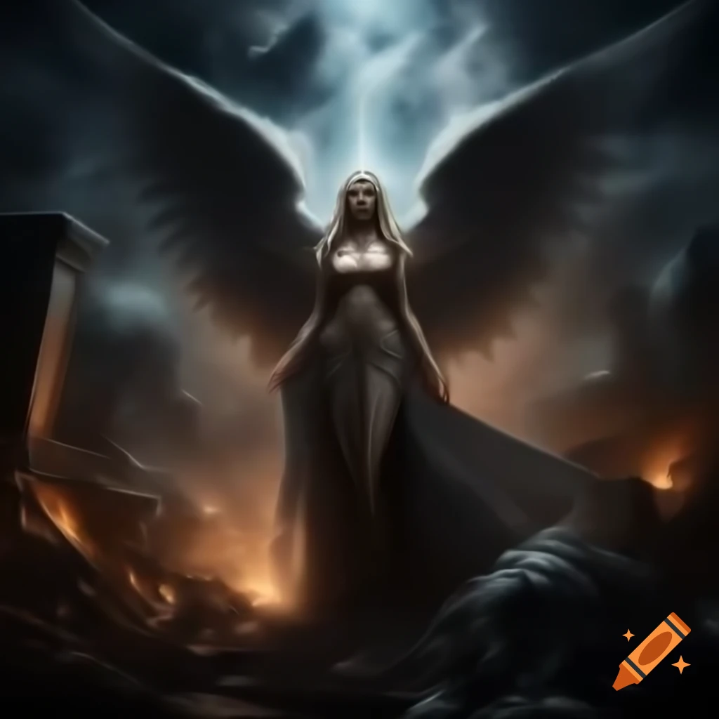 Dream War aftermath with ruins, smoke, and mythological creatures