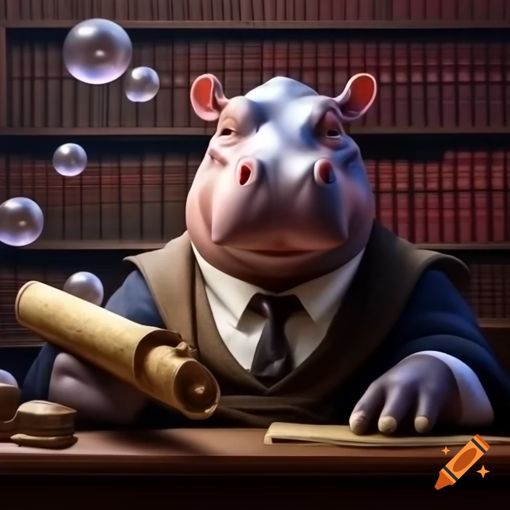 Anthropomorphic hippo in barrister outfit with scroll belching bubbles in magical library